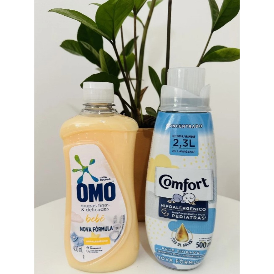Kit OMO roupas finas e delicadas bebê 450 ml + Comfort concen. puro cuidado hipoalergênico 500ml em Oferta na Shopee