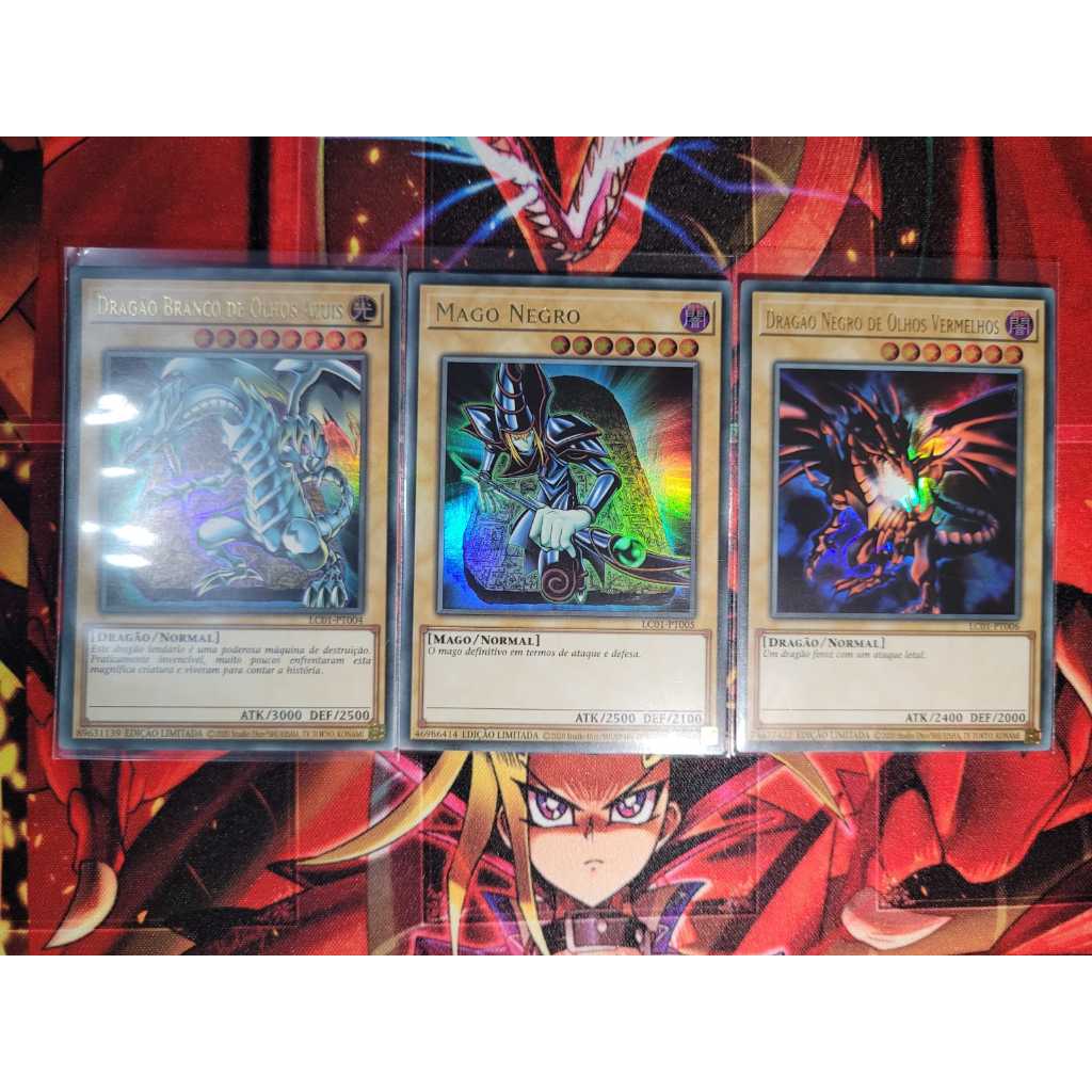 Dragão Branco de Olhos Azuis + Dark Magician + Dragão Negro de Olhos Vermelhos. Coleção LENDÁRIA. Yugioh Konami..