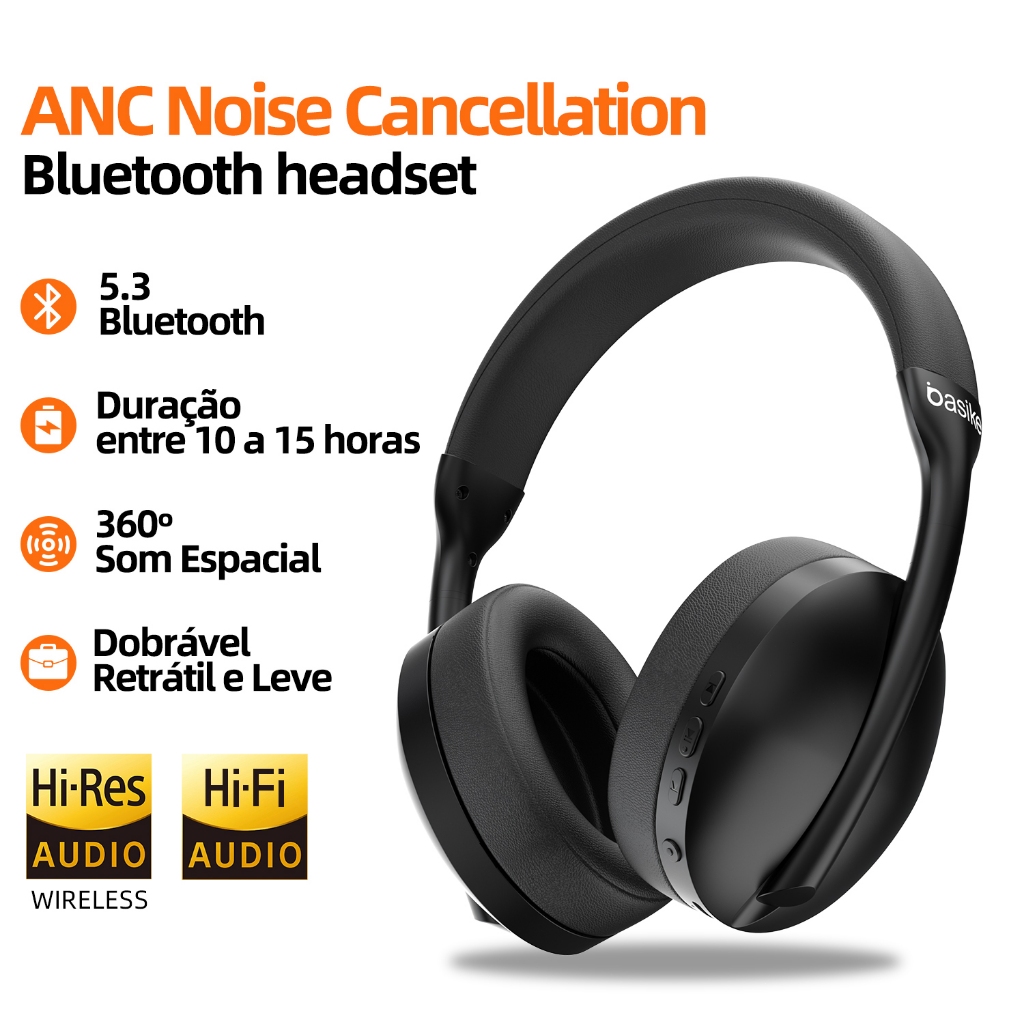 Basike fone sem fio bluetooth headphone Bluetooth da Microfone Redundância de Deep ANC, Alto-falante HiFi 40mm, fon169