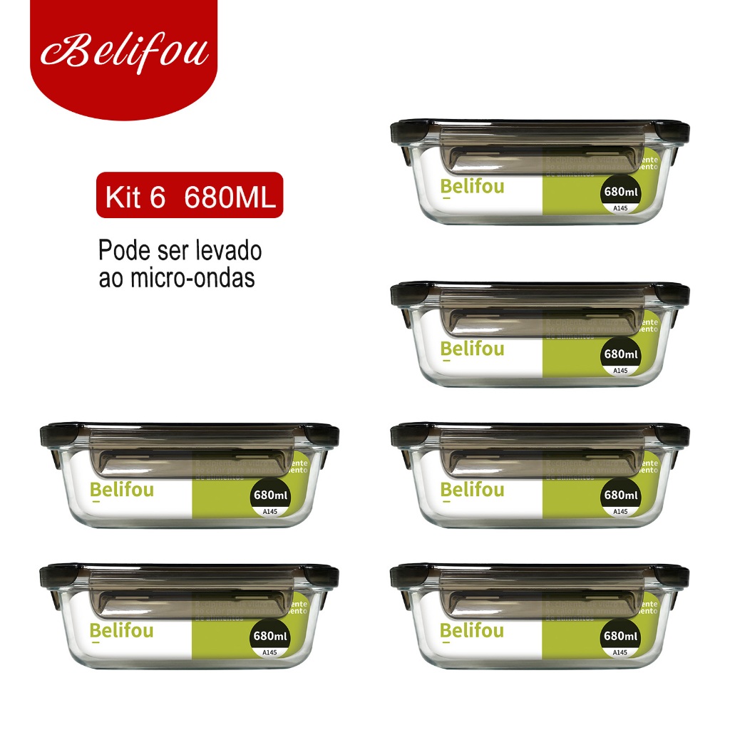 Belifou Kit 6 Potes Herméticos 680ml Vidro 4 Travas Marmita Microondas Resistente