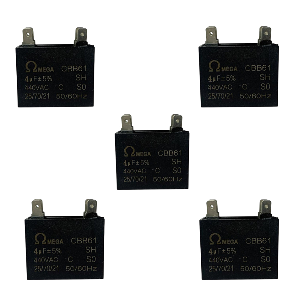 Kit com 5 Capacitores de Partida para Motor de Ventilador Ar Condicionado 4uFx440vca Omega