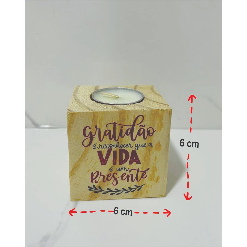 Cubo Porta Vela Madeira Gratidão Pela Vida Com Vela Inclusa Decoração Lembrança Lembrancinha