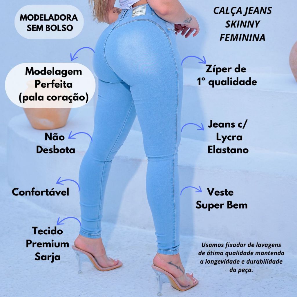 Calça Jeans Azul Clara Feminina Cintura Alta Empina Bumbum Sem Bolso Moderna Lançamento Com Lycra