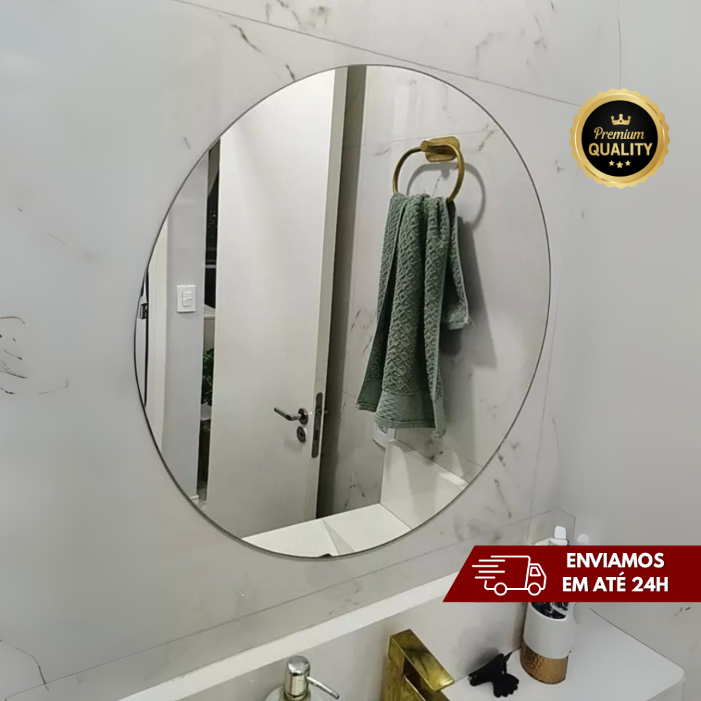 Espelho Redondo de Vidro Lapidado com Kit Instalação – Banheiro, Quarto, Sala Instalação Fácil