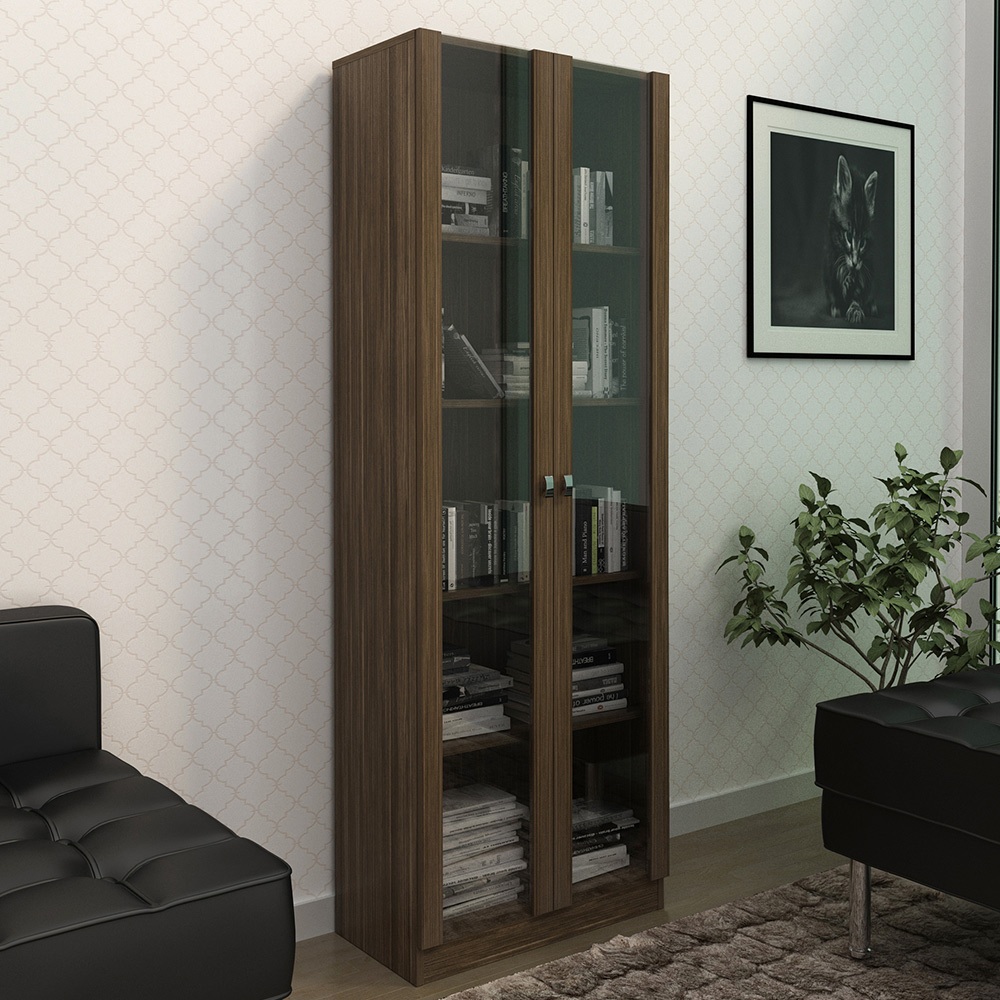 Estante Escritório Home Office 2 Portas De Vidro 4 Prateleiras Cannes 171x59 T01 Nogal - Lyam Decor