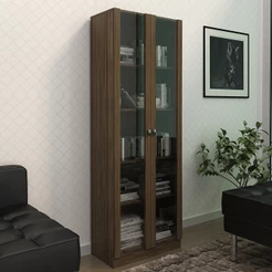 Estante Escritório Home Office 2 Portas De Vidro 4 Prateleiras Cannes 171x59 T01 Nogal - Lyam Decor