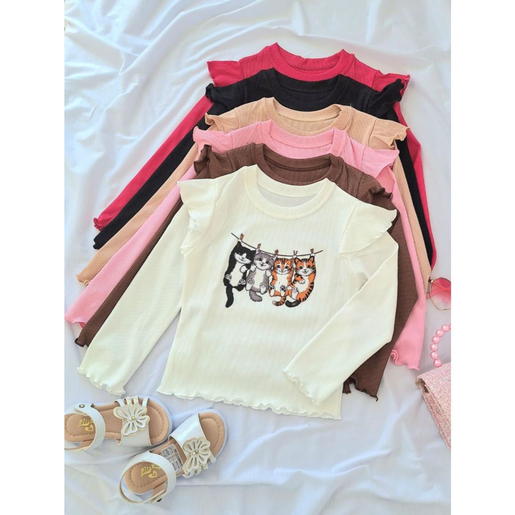 Blusa Infantil Menina Gatinhos Pendurados Manga Longa Meia Estação Canelado Ribana DTF03 em Oferta na Shopee