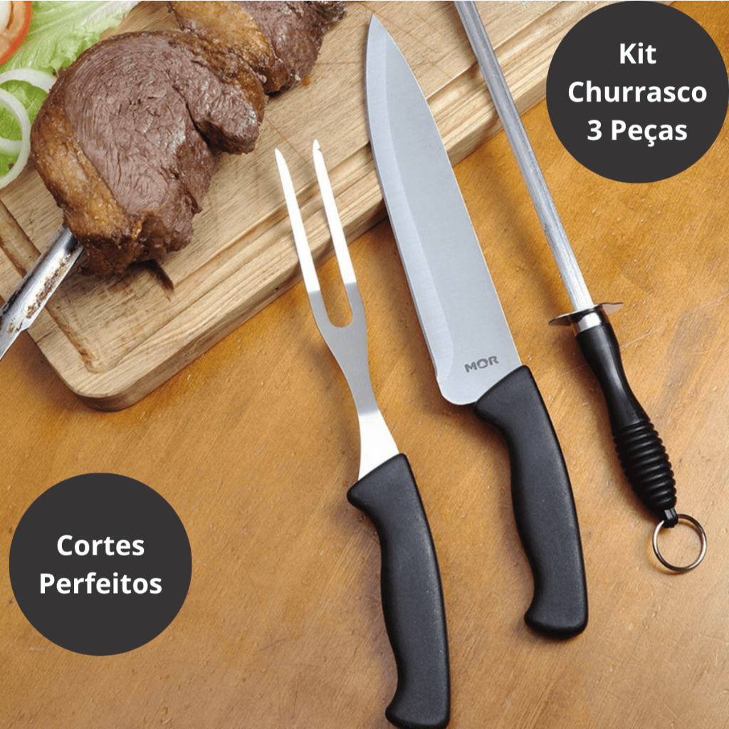 Kit 3 Peças Para Churrasco Conjunto Faca Garfo Chaira Mor Assador Churrasqueiro Profissional Oferta