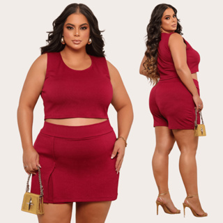 Conjunto Feminino Cropped +  Short Saia - Conjuntinho Plus Curve em Oferta na Shopee