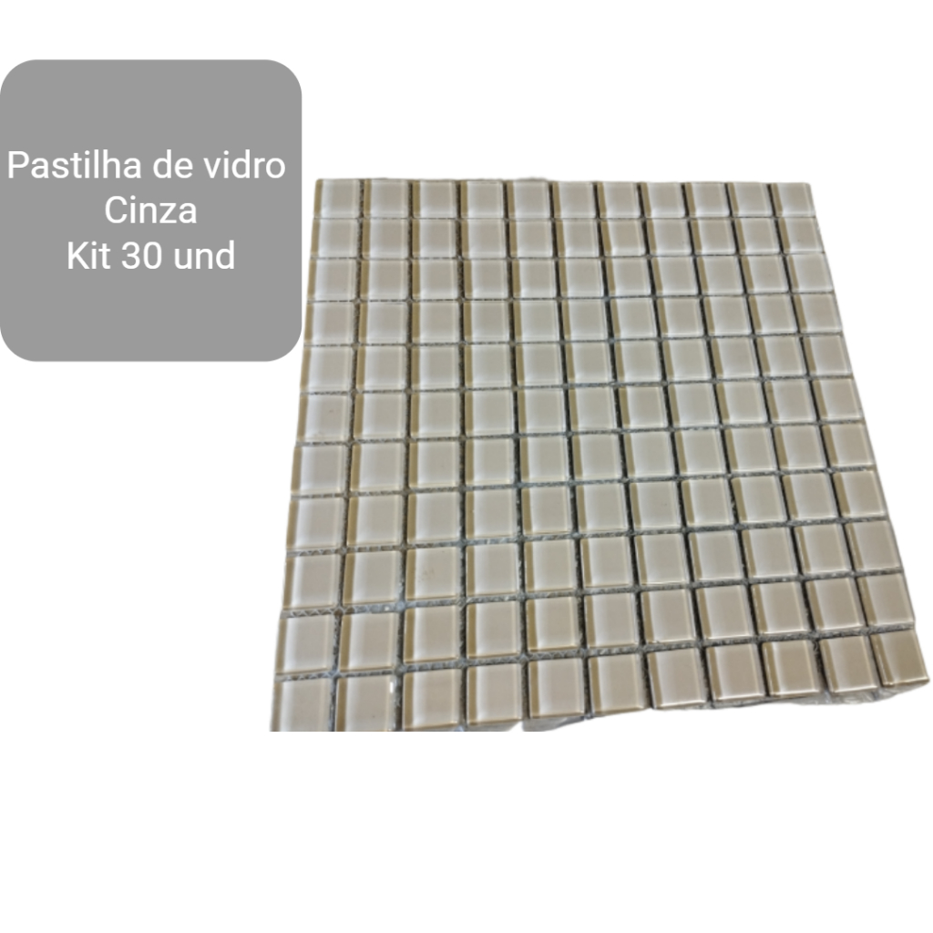 Kit 30 peças Pastilha de Vidro Cinza 2,5 x 2,5 - placa 30X30 Detallli código DVA-007