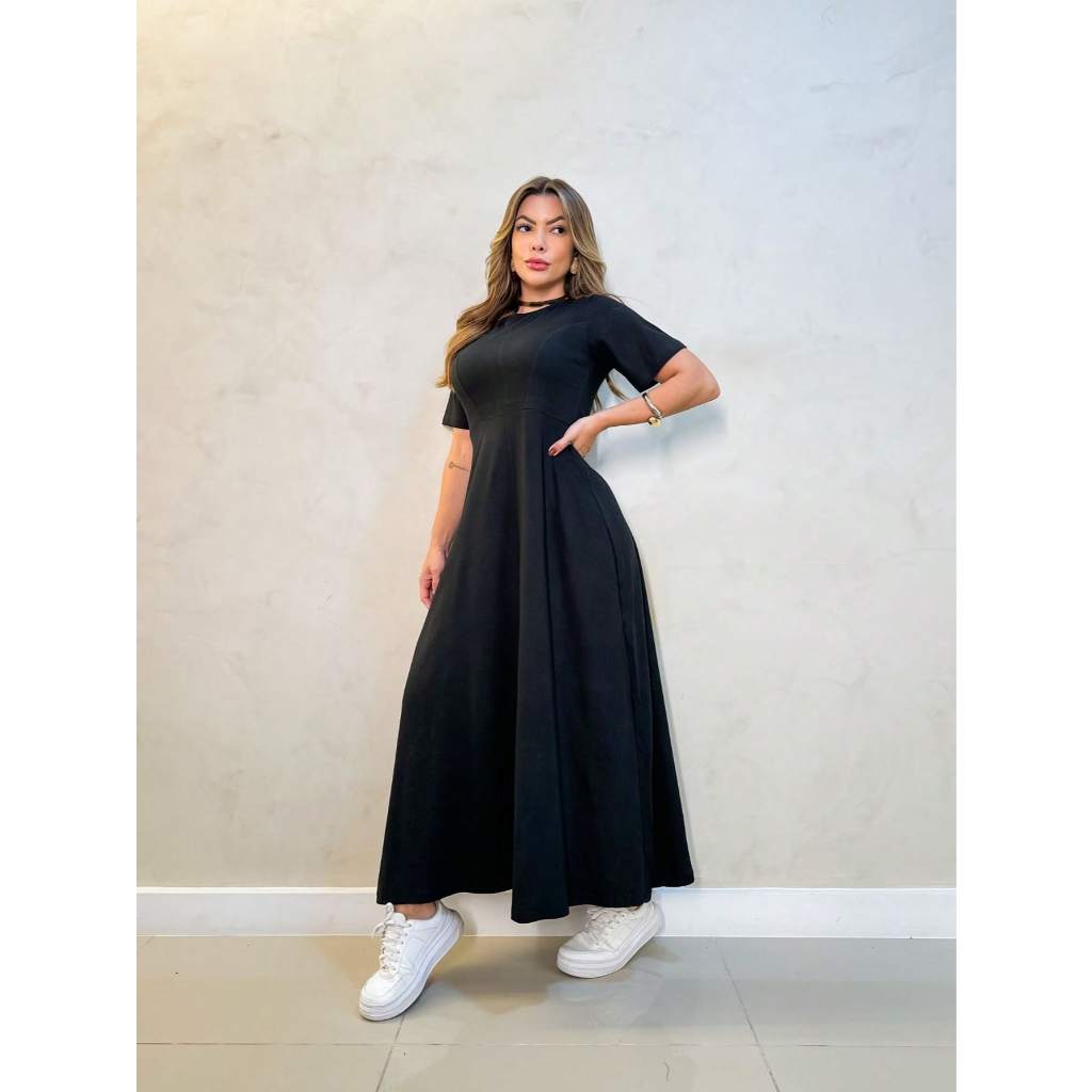 G1321 VESTIDO longa feminina, mangas curtas, com bainha franzida