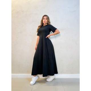 G1321 VESTIDO longa feminina, mangas curtas, com bainha franzida