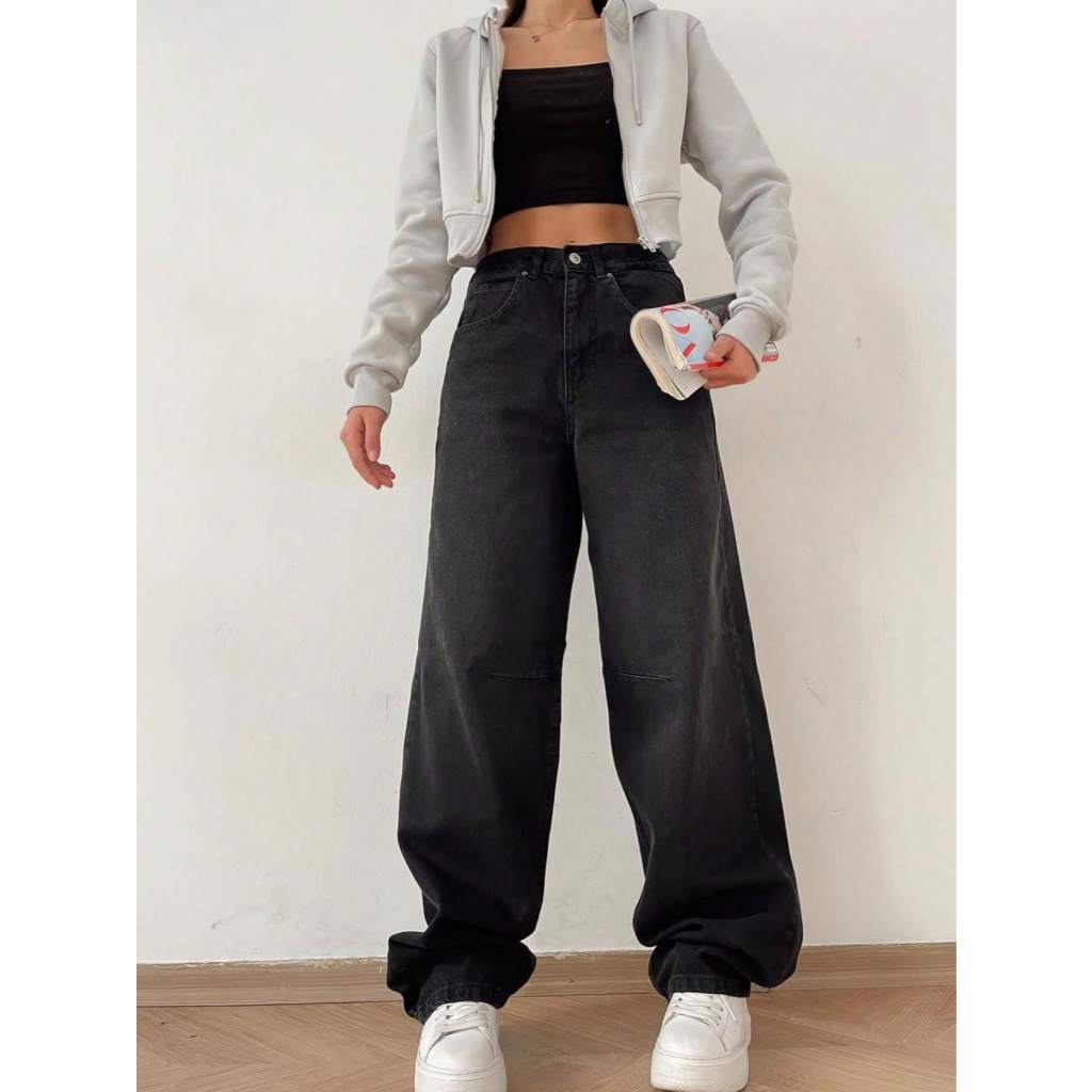 REF: P769 Calça jeans feminina larga de cintura alta em Oferta na Shopee