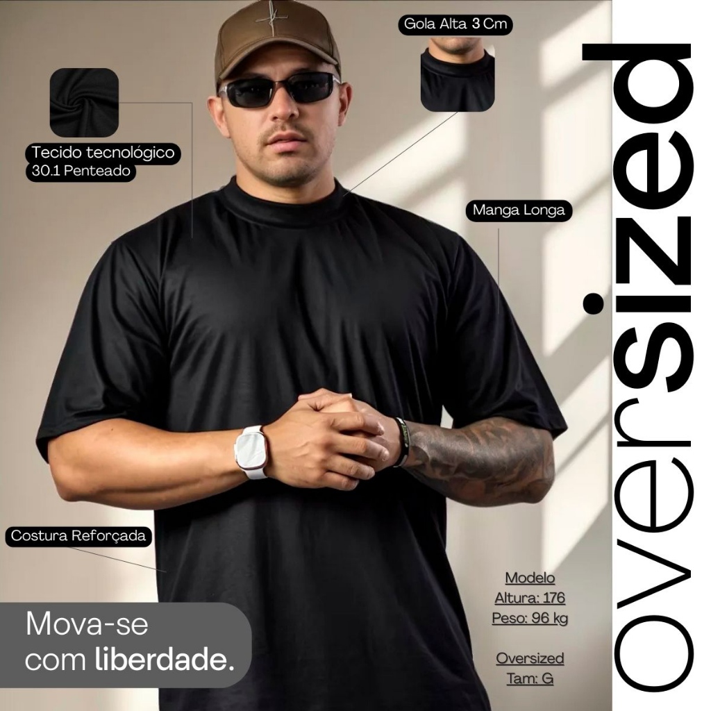 Camiseta Oversized Masculina Lisa Camisão de Algodão Gola de Ribana em Oferta na Shopee