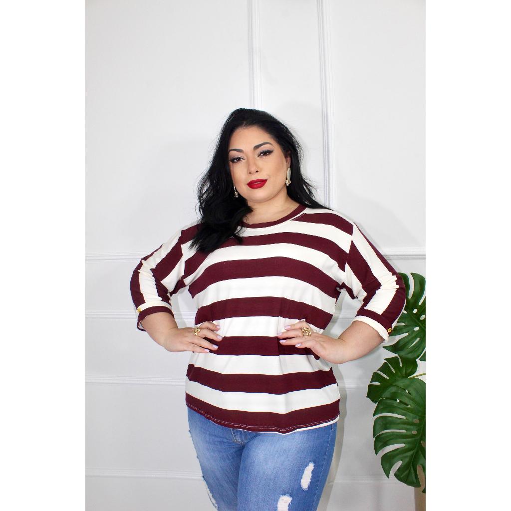 BLUSA LISTRADA MANGA ¾ (VISCOLYCRA) A combinação perfeita entre conforto, elegância e versatilidade! Tamanho GG e XG em Oferta na Shopee