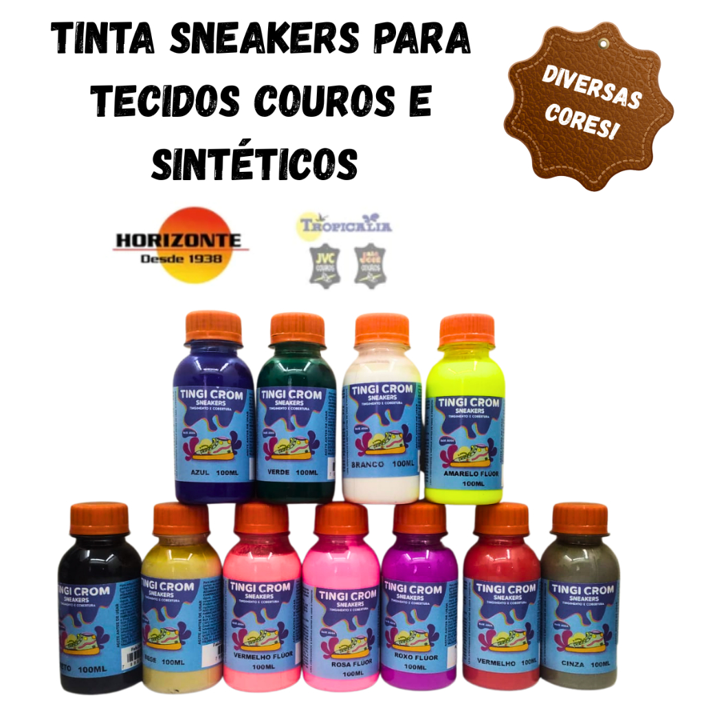 TINGICROM SNEAKER 100ML base agua para couro,sintético,tecido,borracha e plastico 100ml + pincel 714 condor 1/2 em Oferta na Shopee