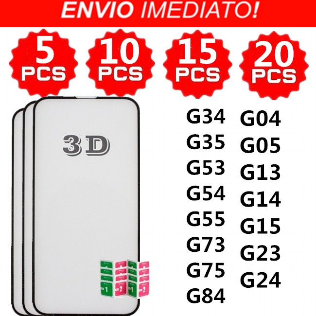 Kit 5/10/15/20 Película Vidro Temperado 3D Espessura Max MotoG04 G05 G13 G14 G15 G23 G24 G34 G35 G53 G54 G55 G73 G75 G84