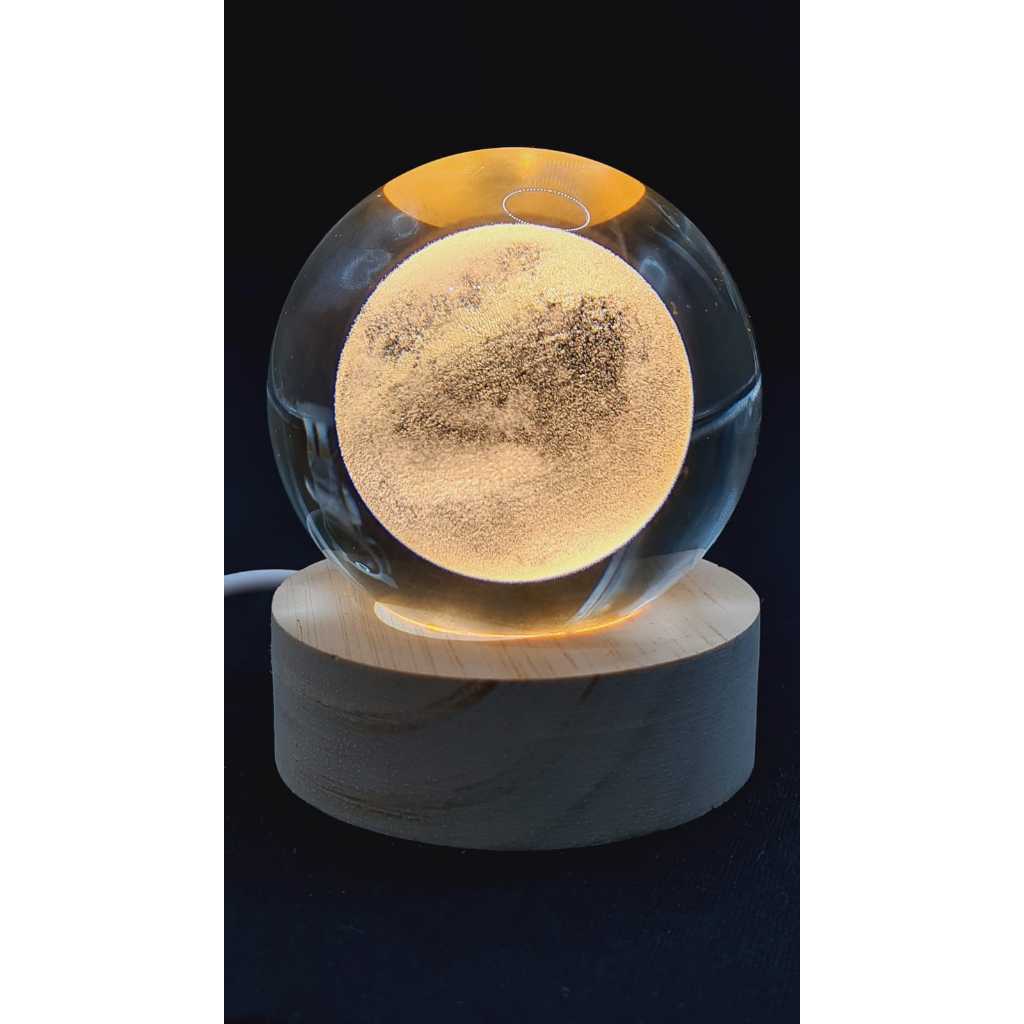 8cm Luminária Cristal de Mesa Sistema Solar Lua, Galáxia LED Base Madeira Enfeite Decorativo