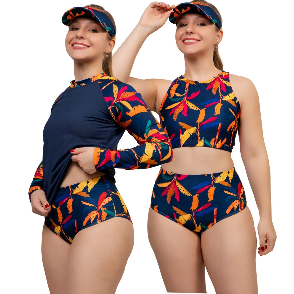 Conjunto Biquíni Blusa Uv + Top + Calcinha Hotpant + Brinde Viseira Praia Piscina Proteção Solar