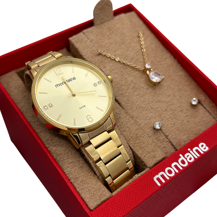 Kit Relógio Feminino Mondaine Dourado Aço Inox + Colar e Caixa de Presente Original 32600LPMKDE1K1
