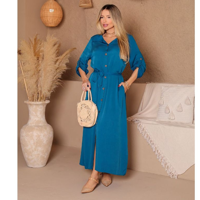 VESTIDO CHAMISE LISO DE TESIDO VISCOSE SARYADO CON MANGA Y GOLA TAMANHO G GG EG COM BOTOES EN FRENTE Y FENDA EN LATERAL em Oferta na Shopee