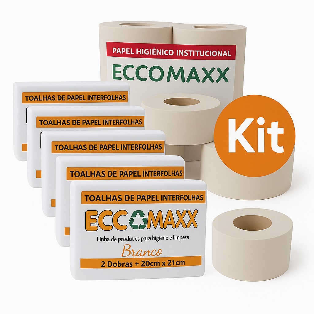 Kit com 5 Pacotes de Interfolhas Branco + 1 Pacote de Papel Higiênico Rolão 8 Rolos Eccomaxx Branco