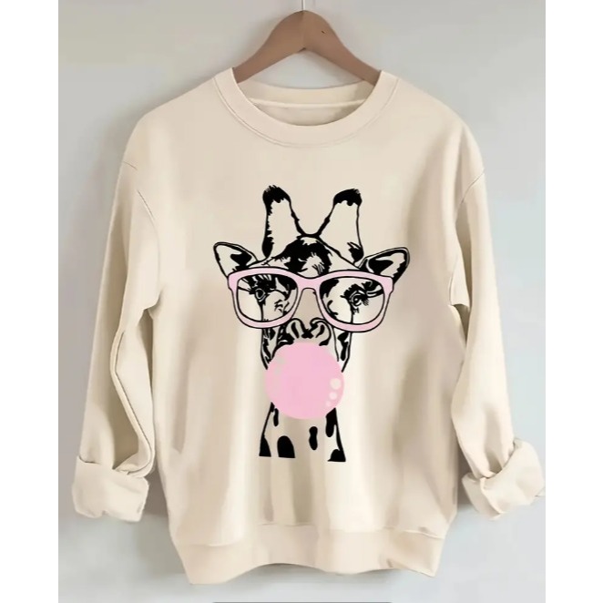 Moletom Gola Redonda Estampa Girafa Agasalho Moda Inverno Blusa de Frio Feminina Old Money