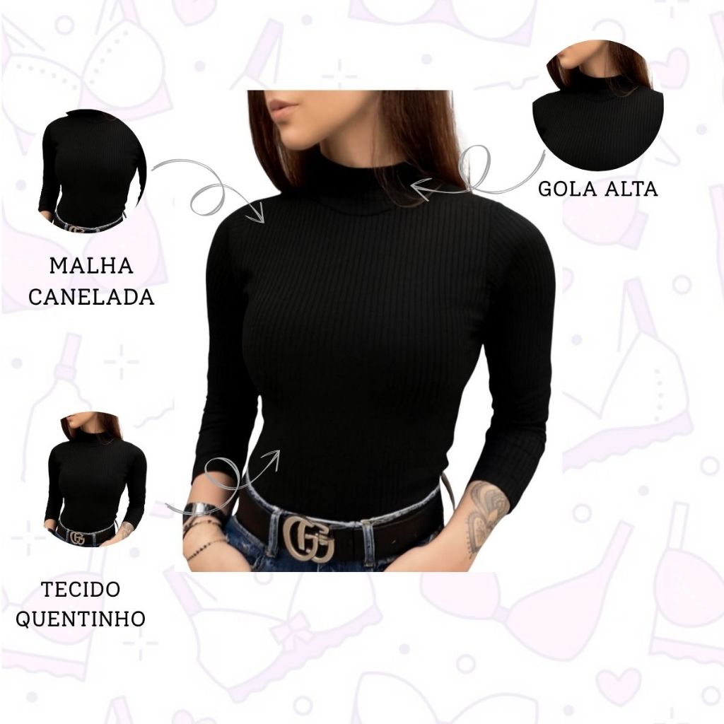 Blusa Canelada Gola Alta Manga Longa Malha Frio Cacharrel Feminina Conforto Segunda Pele Moda