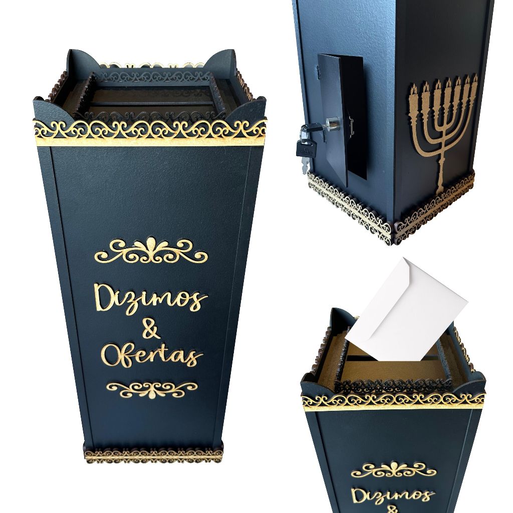 Gazofilácio Ofertório Dízimos E Ofertas P/ Igreja + Fechadura - Feito em MDF com Arabesco em Alto Relevo / 55Cm