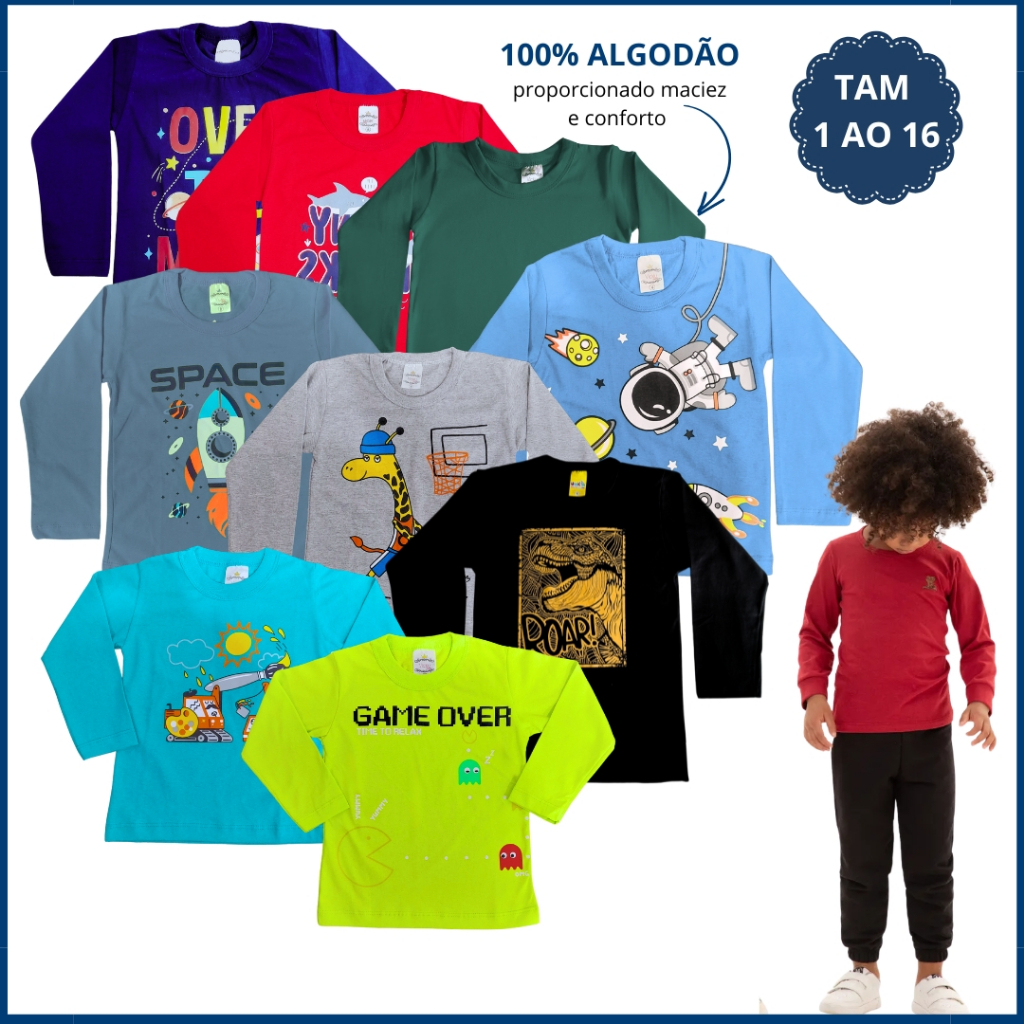 Kit 4 Camiseta Manga Longa Infantil Menino Blusa Infantil Masculino Meia Estação Algodão Bebê 1 a 16