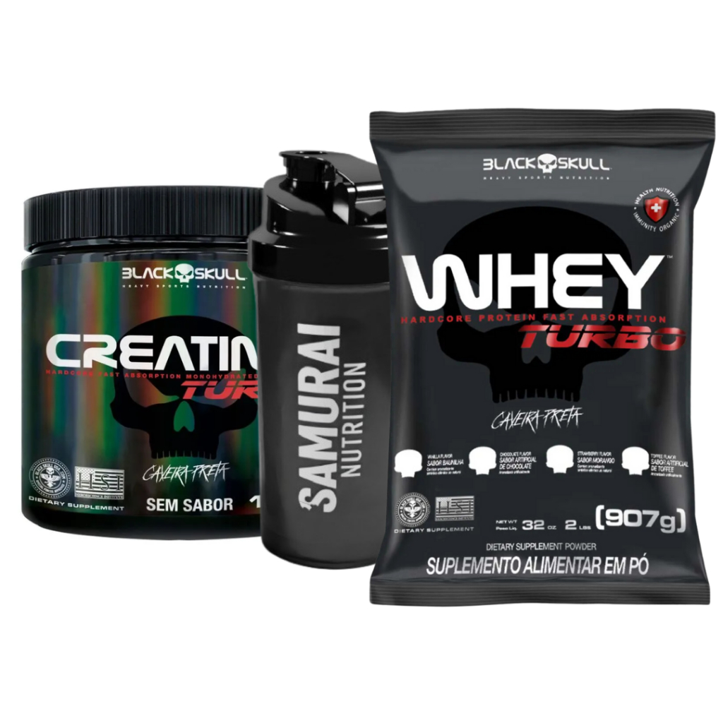 Kit Suplemento Whey Turbo 907g + Creatina Turbo 300g + Coqueteleira 600ml - Black Skull em Oferta na Shopee