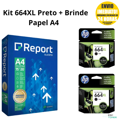 Kit Cartucho 664xl 2 Unidades Preto + Resma Papel A4 Sulfite  Report Folha Ofício Para Impressão com 500 Folhas