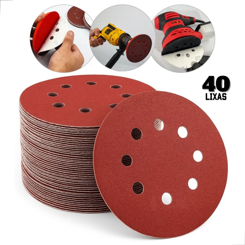 Kit 40 Disco Lixa para madeira metal massa e similares 125mm 8 Furos lixadeira roto orbital em Oferta na Shopee