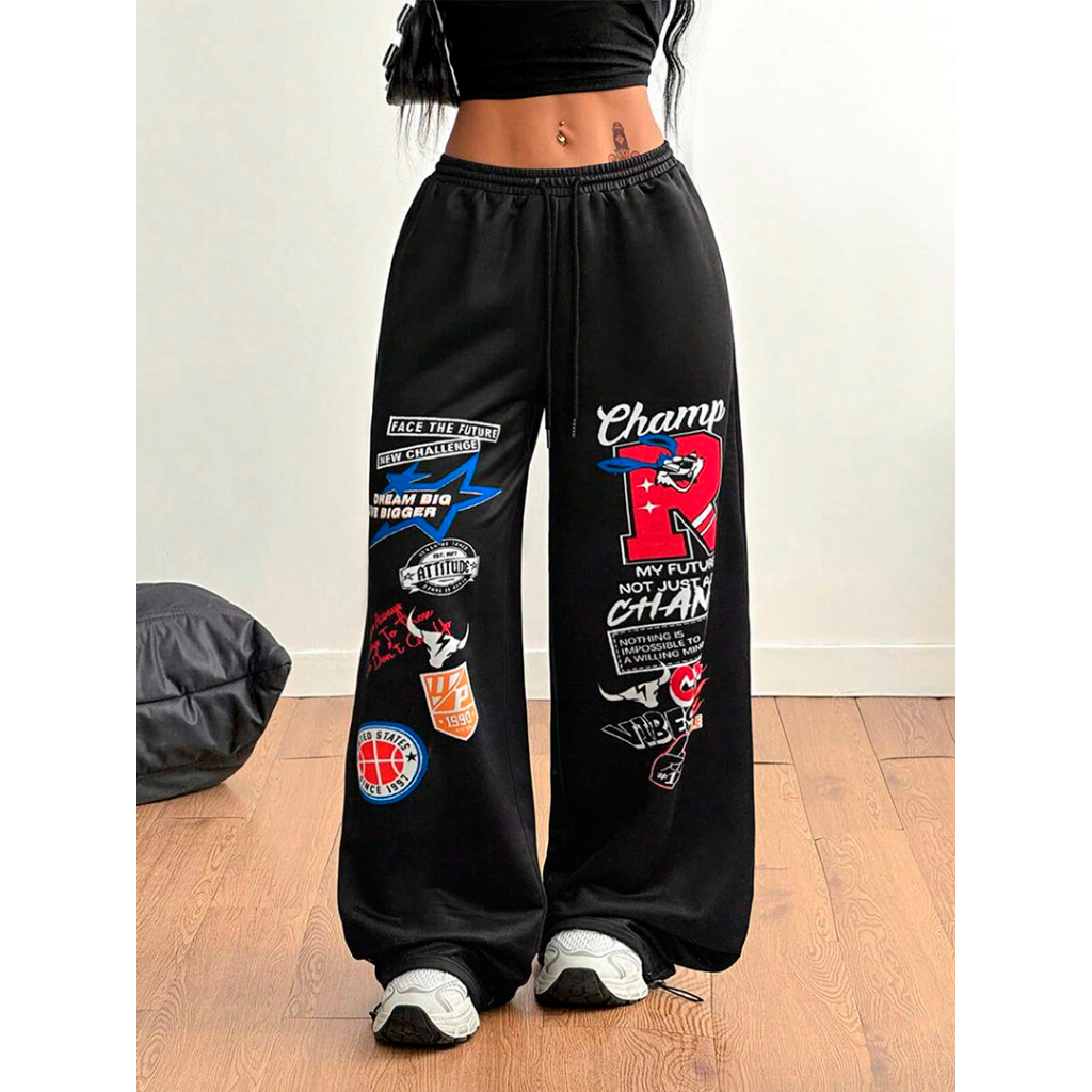Calça Reta Feminina Wide Leg Champ R Estampada Streetwear Reta Moletom 100% Algodão College