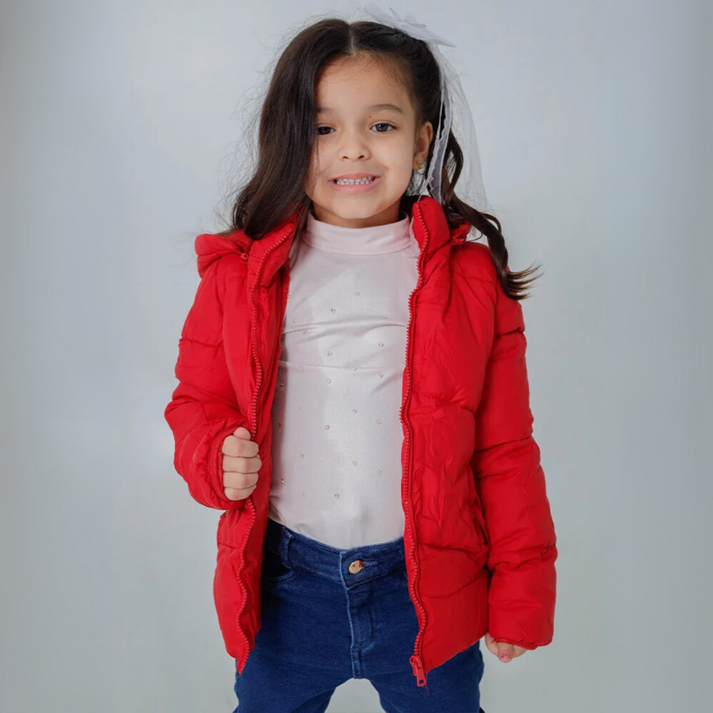 Jaqueta Infantil Feminina Bobojaco Puffer Nylon Punho e Barra Elástica Forro Peluciado Casaco