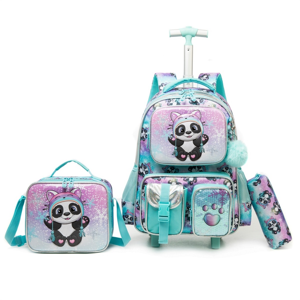 Kit Infantil Com Rodinhas Crosswave Com Lancheira + Estojo Estampa de Panda