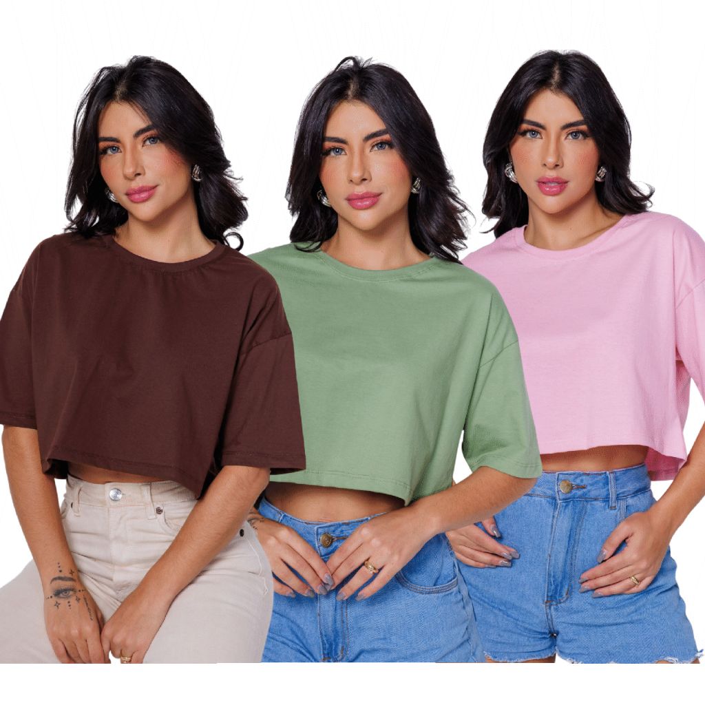 3 Camiseta Básica De Malha Algodão Cropped em Oferta na Shopee