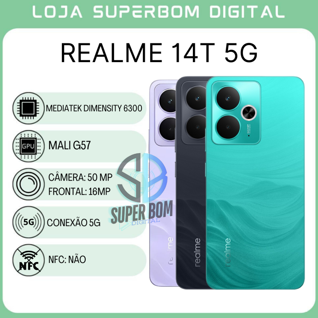 Realme 14T 5G, Versão Global, Câmera 50MP, Bateria 6000mAh, Dimensity 6300, Resistente à água, 256GB/8GB RAM