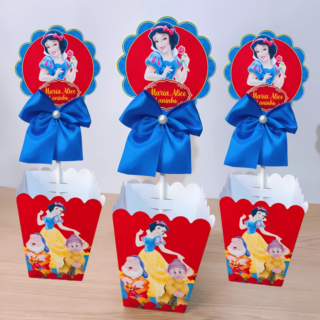 Kit Centro de Mesa Personalizado Pegue e Monte Branca de Neve Lembrancinhas de Aniversário Infantil