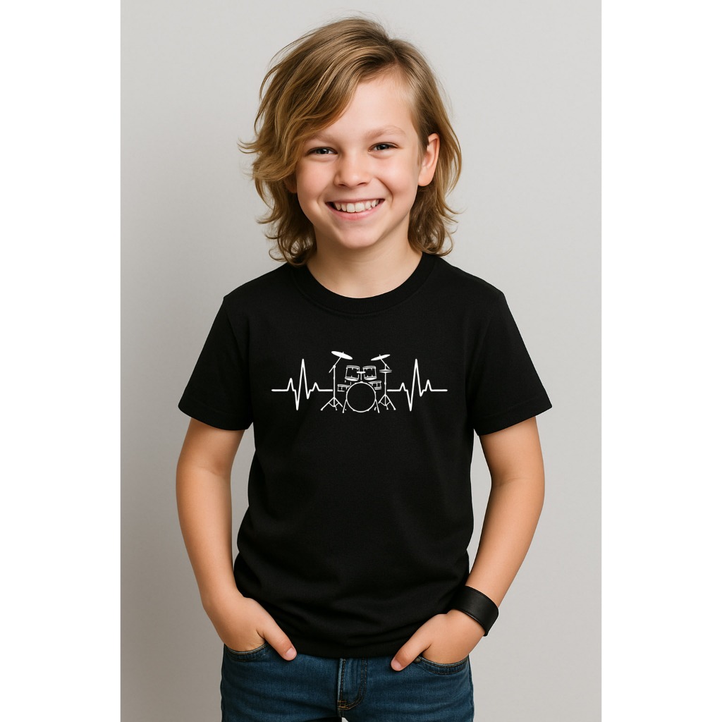 Camiseta infantil menino menina batimento cardíaco bateria baterista musico em Oferta na Shopee