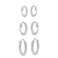 Trio de Brincos Argola de Prata 925 Click Cravejada com 9mm/ 10mm/ 12mm