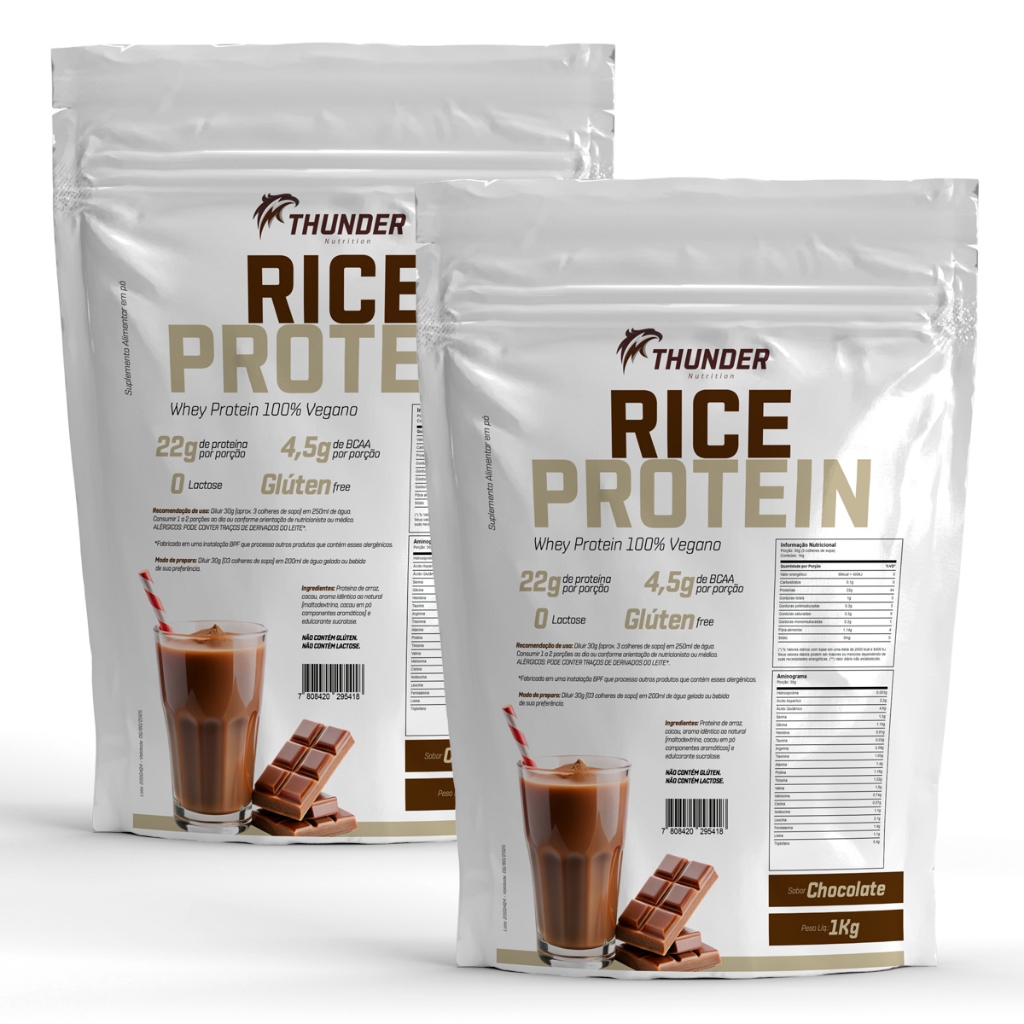2x Whey Rice Protein 1kg Thunder - Whey Protein Vegano Zero Lactose - Proteína do Arroz - Vários sabores Rende 66 doses