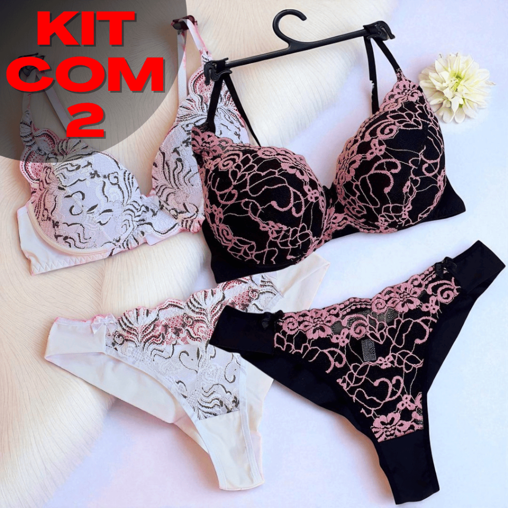 KIT 2 Conjunto Lingerie Feminino Calcinha Fio Duplo Sutiã Com Bojo Renda Bicolor em Oferta na Shopee