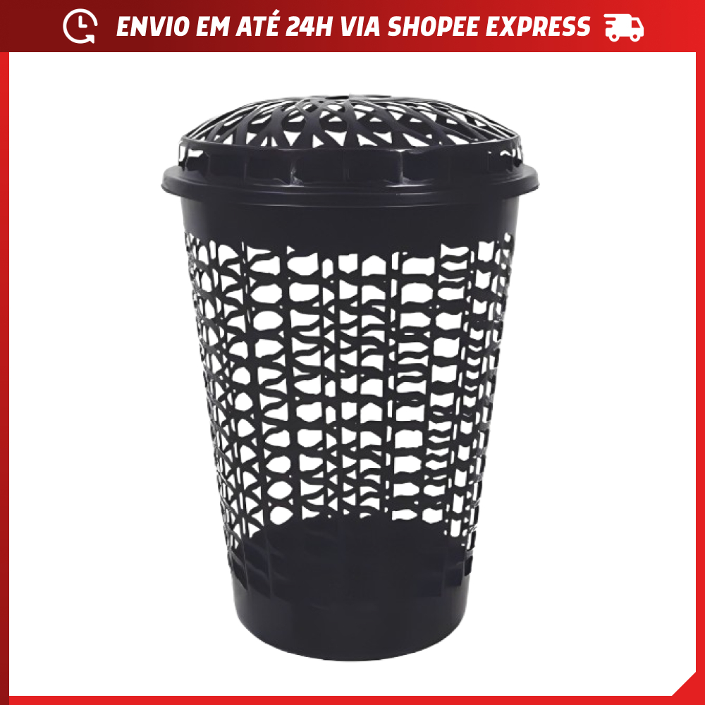 Cesto Roupas 56L Tampa Plástico Telado Vazado Preto Organizador Lavanderia Brinquedos 45x67cm em Oferta na Shopee