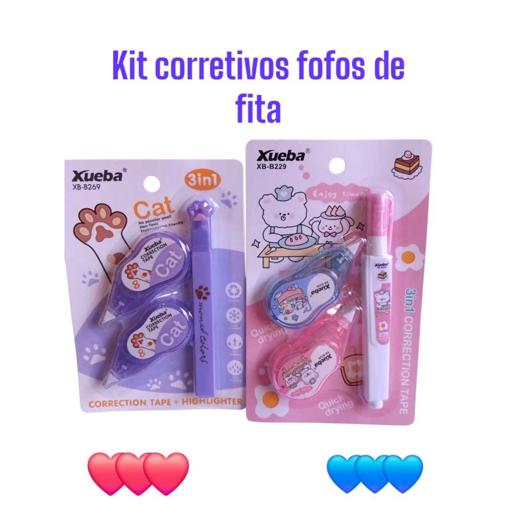 kit corretivo de fita +1 marca texto ou  kit corretivo de fita + 1corretivo liquido papelaria fofa em Oferta na Shopee