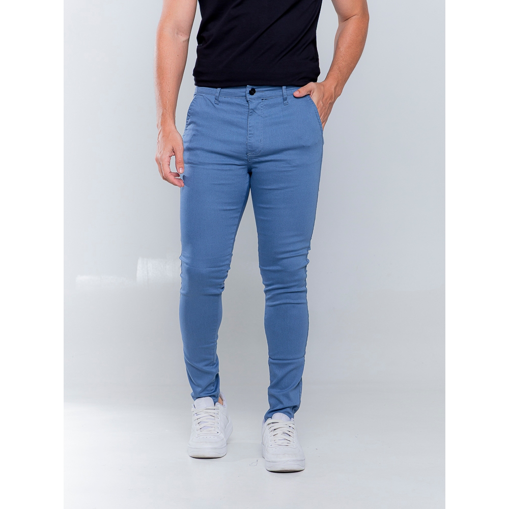 Calça Skinny Alfaiataria Esporte Fino Masculina Sarja Azul Bolso Embutido/Faca
