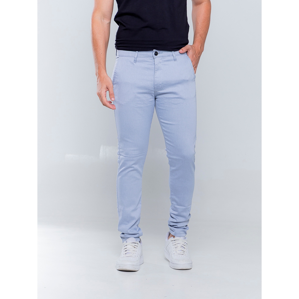 Calça Skinny Alfaiataria Esporte Fino Masculina Sarja Azul Bebê Claro Bolso Embutido/Faca