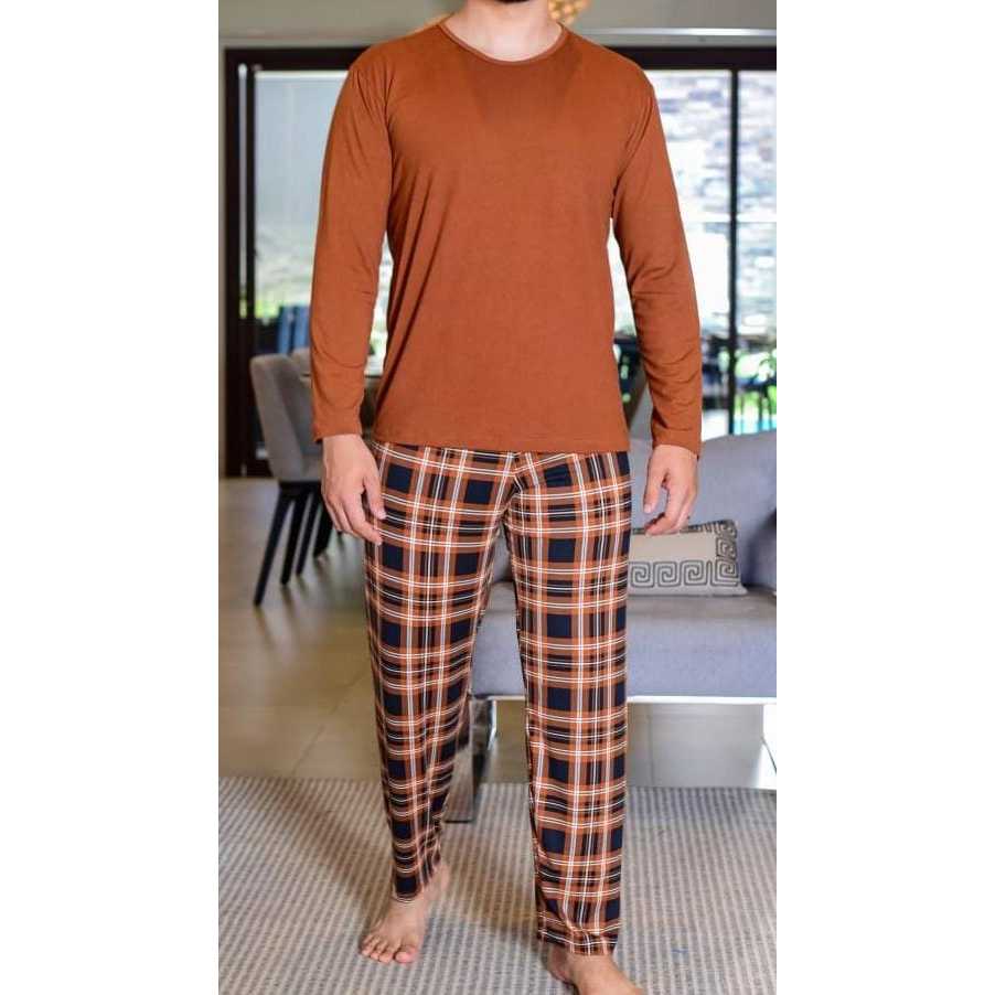 Pijama Masculino Manga Longa Calça Xadrez ou Quadriculada Suede Macia Confortável LF056