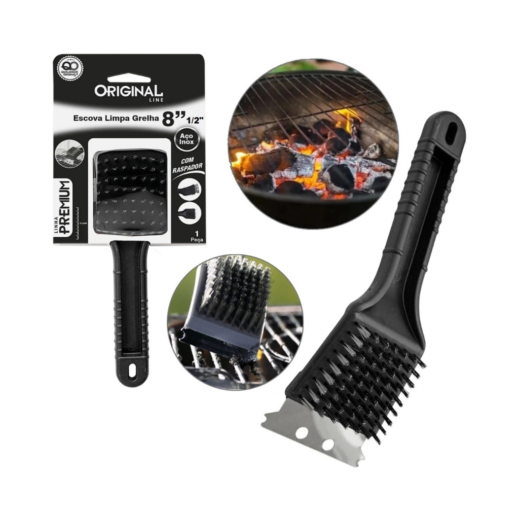 Escova Para Grelha Cerdas de Aço Original Line Limpa Grelha de Churrasqueira Com Raspador