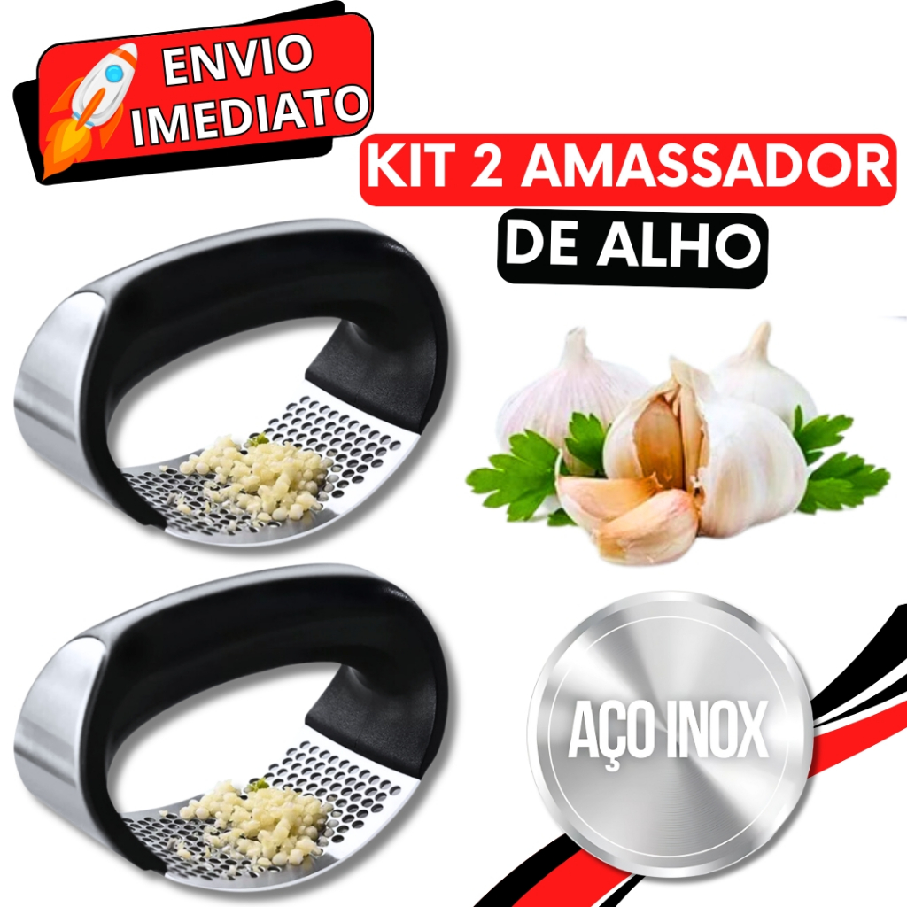 KIT 2 Triturador Amassador de Alho Cebola Batata Legume Aço Inox Manual Prático Multiuso Universal para Casa Cozinha